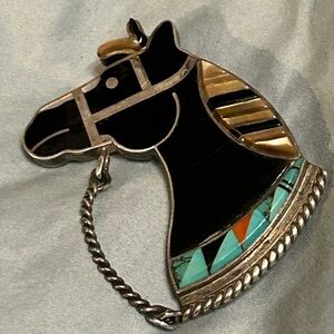 Elegant Horse Head Brooch - Black, Gold, Turquoise